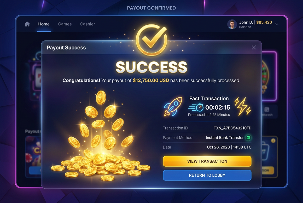Modern online casino interface showing fast payment confirmation and gold coins
