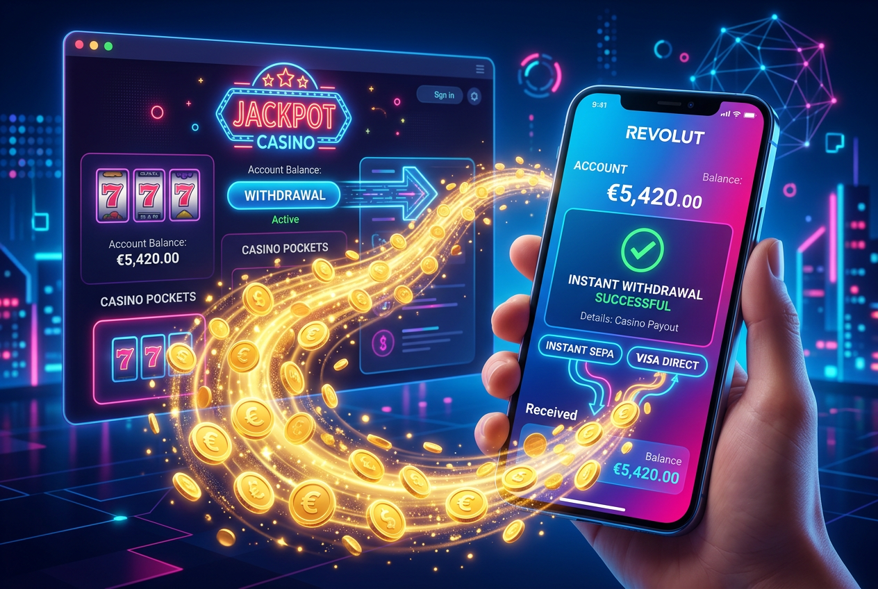 Ilustracja szybkich przelewów SEPA Instant i Visa Direct między kasynem a Revolut